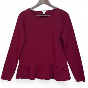 J.Crew Womens Burgundy Cotton Long Sleeve Peplum Hem Top H4582 Burgundy Size M